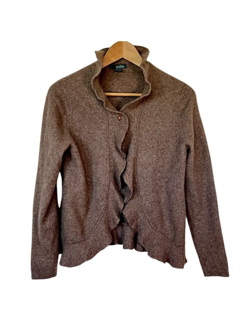 Griffen Cashmere 100% Cashmere Mushroom Brown Ruffle Cardigan Sweater XL